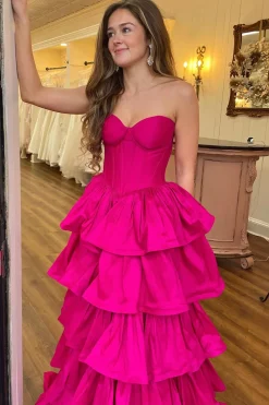 Fuchsia Sweetheart A Line Tiered Satin Long Corset Prom Dress