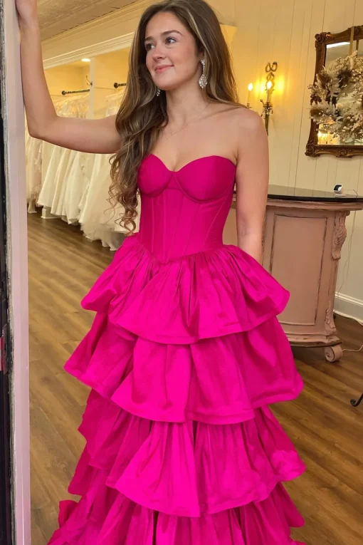 Fuchsia Sweetheart A Line Tiered Satin Long Corset Prom Dress