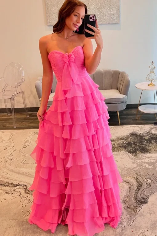 Fuchsia Sweetheart A Line Chiffon Tiered Long Prom Dress with Slit