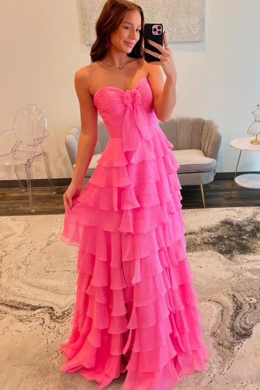 Fuchsia Sweetheart A Line Chiffon Tiered Long Prom Dress with Slit
