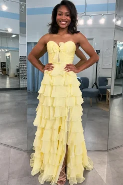 Fuchsia Sweetheart A Line Chiffon Tiered Long Prom Dress with Slit