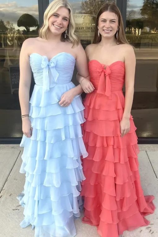 Fuchsia Sweetheart A Line Chiffon Tiered Long Prom Dress with Slit