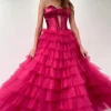 Fuchsia Sweetheart Corset A Line Tulle Tiered Long Prom Dress with Slit