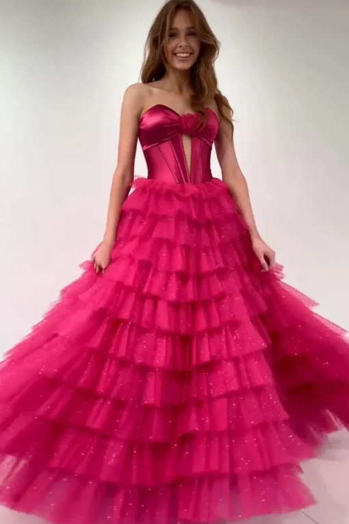 Fuchsia Sweetheart Corset A Line Tulle Tiered Long Prom Dress with Slit