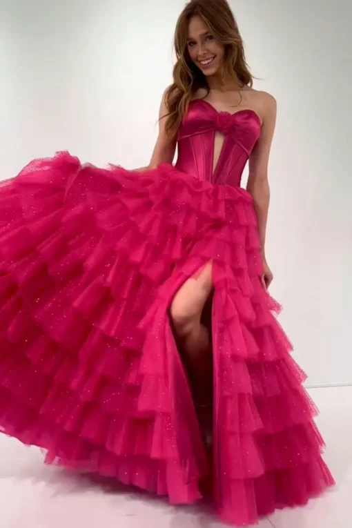 Fuchsia Sweetheart Corset A Line Tulle Tiered Long Prom Dress with Slit