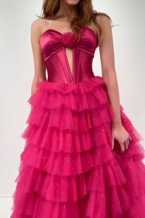 Fuchsia Sweetheart Corset A Line Tulle Tiered Long Prom Dress with Slit