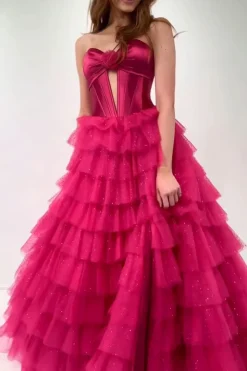 Fuchsia Sweetheart Corset A Line Tulle Tiered Long Prom Dress with Slit