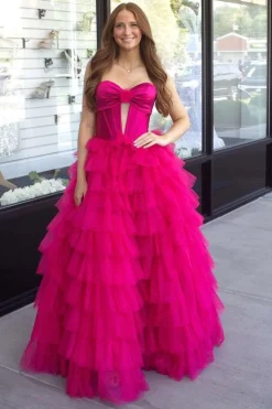 Fuchsia Sweetheart Corset A Line Tulle Tiered Long Prom Dress with Slit