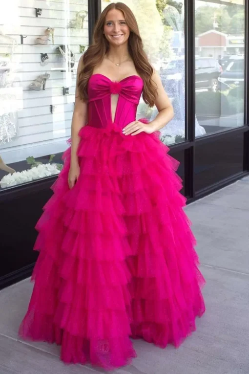 Fuchsia Sweetheart Corset A Line Tulle Tiered Long Prom Dress with Slit