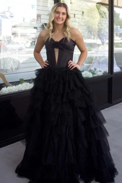 Fuchsia Sweetheart Corset A Line Tulle Tiered Long Prom Dress with Slit