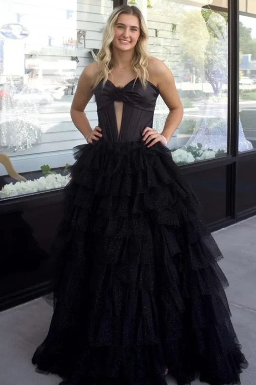 Fuchsia Sweetheart Corset A Line Tulle Tiered Long Prom Dress with Slit