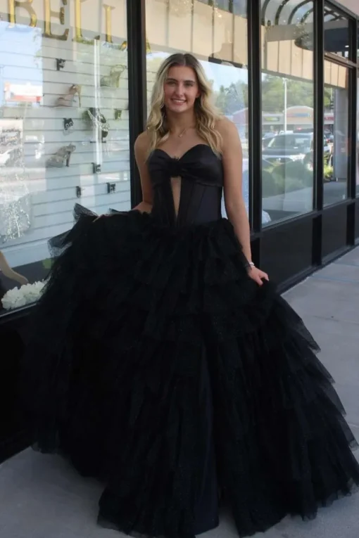 Fuchsia Sweetheart Corset A Line Tulle Tiered Long Prom Dress with Slit
