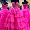 Fuchsia Tiered Tulle Strapless Corset A Line Long Prom Dress