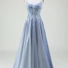 Glitter A-Line Spaghetti Straps Grey Blue Prom Dress