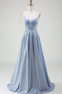 Glitter A-Line Spaghetti Straps Grey Blue Prom Dress
