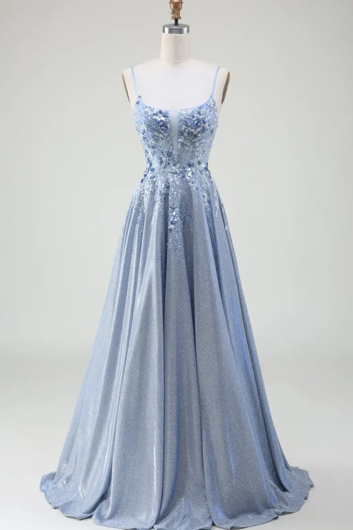Glitter A-Line Spaghetti Straps Grey Blue Prom Dress