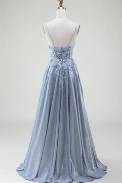 Glitter A-Line Spaghetti Straps Grey Blue Prom Dress