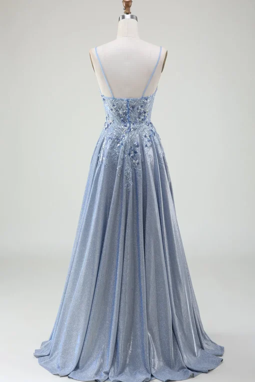 Glitter A-Line Spaghetti Straps Grey Blue Prom Dress