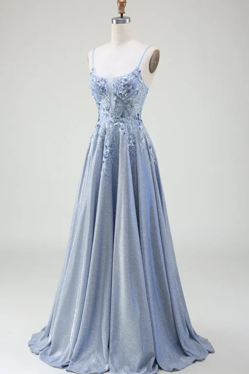 Glitter A-Line Spaghetti Straps Grey Blue Prom Dress