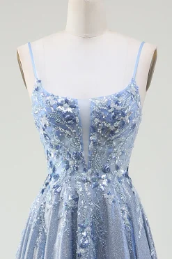 Glitter A-Line Spaghetti Straps Grey Blue Prom Dress