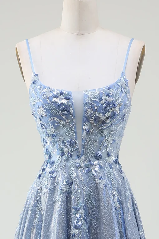 Glitter A-Line Spaghetti Straps Grey Blue Prom Dress
