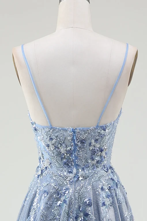 Glitter A-Line Spaghetti Straps Grey Blue Prom Dress