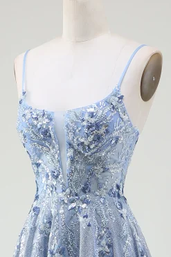 Glitter A-Line Spaghetti Straps Grey Blue Prom Dress