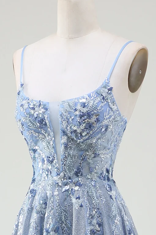 Glitter A-Line Spaghetti Straps Grey Blue Prom Dress