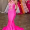 Glitter Beaded Fuchsia Halter Neck Mermaid Cut Out Long Prom Dress