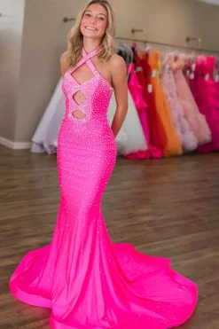 Glitter Beaded Fuchsia Halter Neck Mermaid Cut Out Long Prom Dress