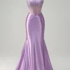 Glitter Beaded Lilac Corset Strapless Mermaid Satin Long Prom Dress