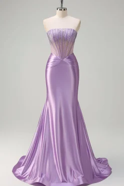 Glitter Beaded Lilac Corset Strapless Mermaid Satin Long Prom Dress