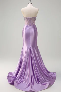 Glitter Beaded Lilac Corset Strapless Mermaid Satin Long Prom Dress