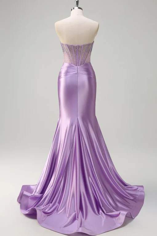 Glitter Beaded Lilac Corset Strapless Mermaid Satin Long Prom Dress