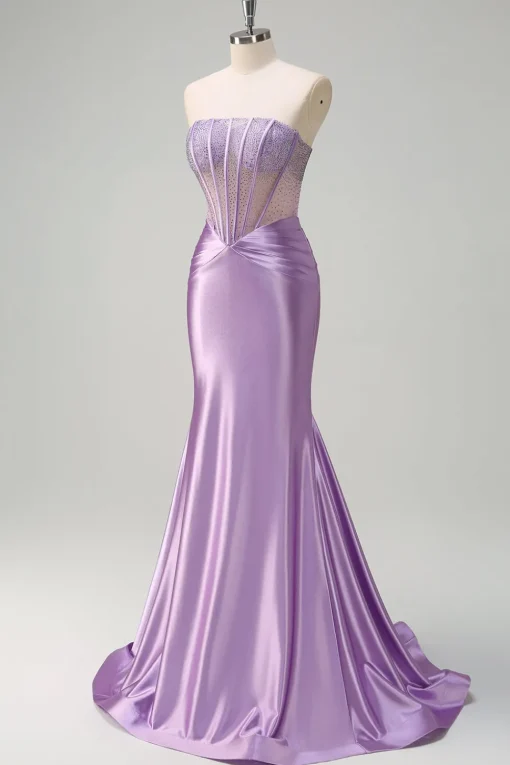 Glitter Beaded Lilac Corset Strapless Mermaid Satin Long Prom Dress