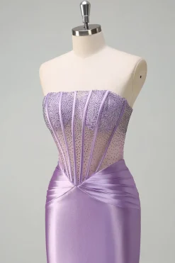 Glitter Beaded Lilac Corset Strapless Mermaid Satin Long Prom Dress