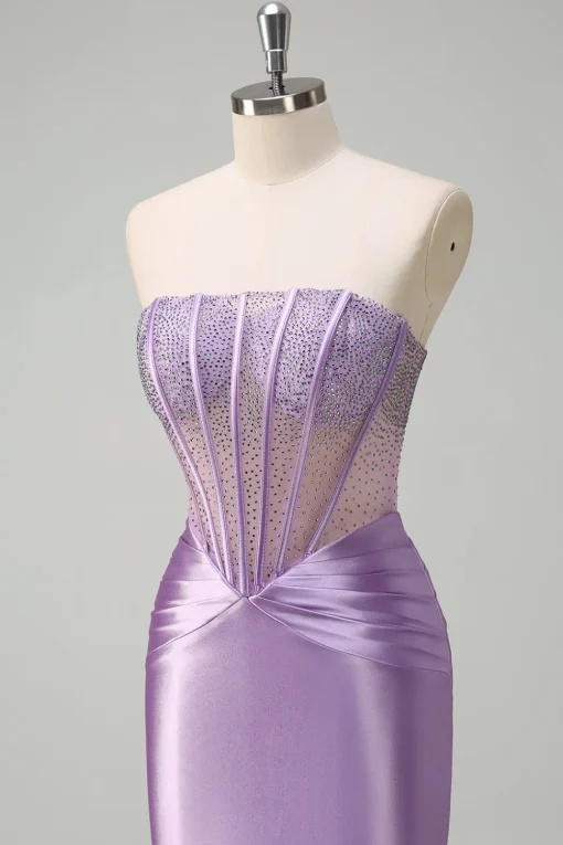 Glitter Beaded Lilac Corset Strapless Mermaid Satin Long Prom Dress
