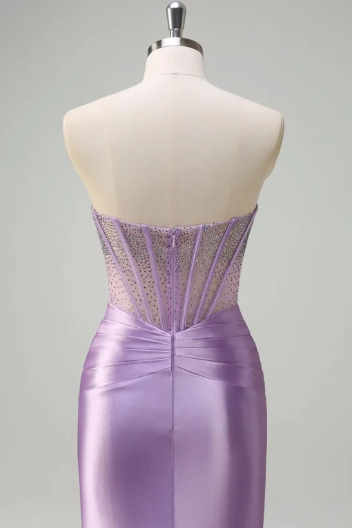 Glitter Beaded Lilac Corset Strapless Mermaid Satin Long Prom Dress