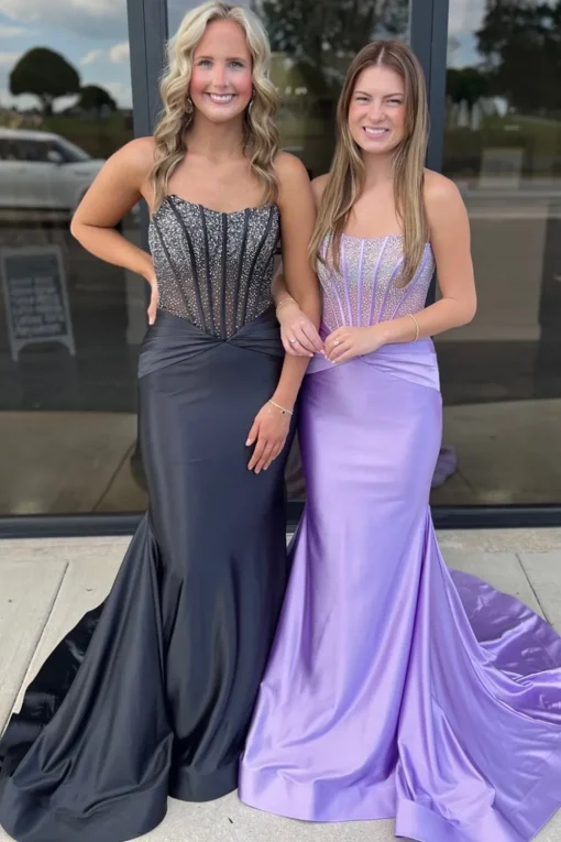 Glitter Beaded Lilac Corset Strapless Mermaid Satin Long Prom Dress