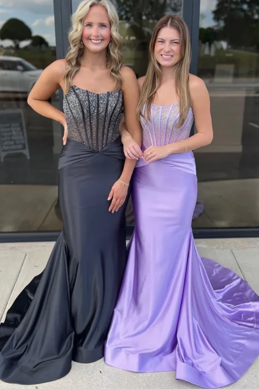 Glitter Beaded Lilac Corset Strapless Mermaid Satin Long Prom Dress