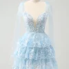 Glitter Blue A Line Embroidery Tiered Homecoming Dress with Appliques