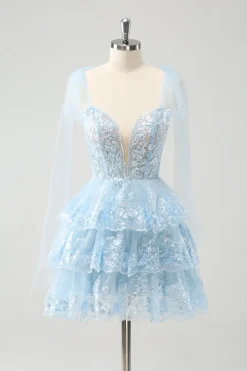 Glitter Blue A Line Embroidery Tiered Homecoming Dress with Appliques