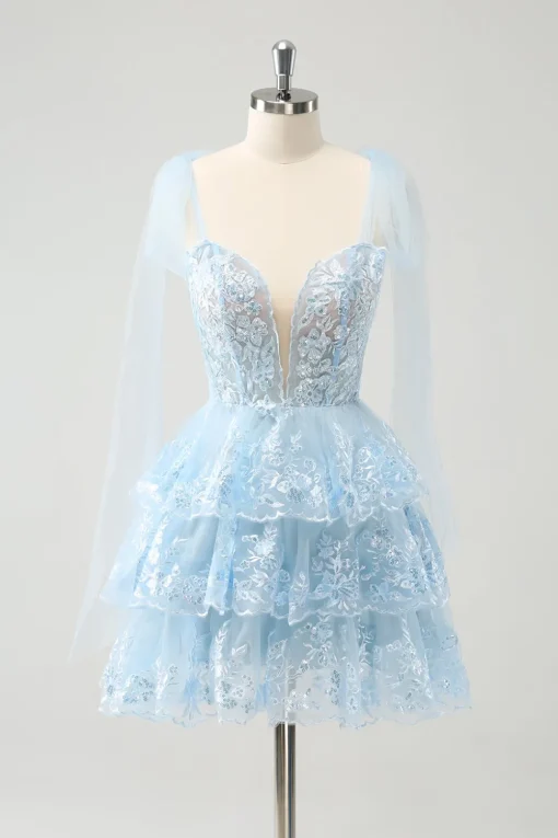 Glitter Blue A Line Embroidery Tiered Homecoming Dress with Appliques
