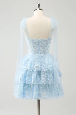Glitter Blue A Line Embroidery Tiered Homecoming Dress with Appliques