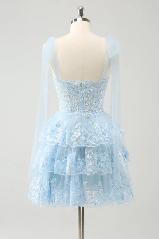 Glitter Blue A Line Embroidery Tiered Homecoming Dress with Appliques