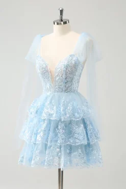 Glitter Blue A Line Embroidery Tiered Homecoming Dress with Appliques