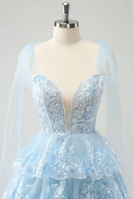 Glitter Blue A Line Embroidery Tiered Homecoming Dress with Appliques