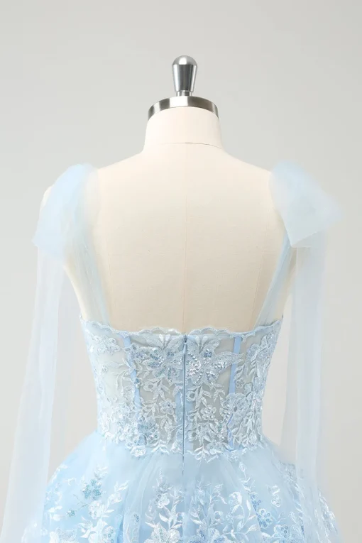 Glitter Blue A Line Embroidery Tiered Homecoming Dress with Appliques