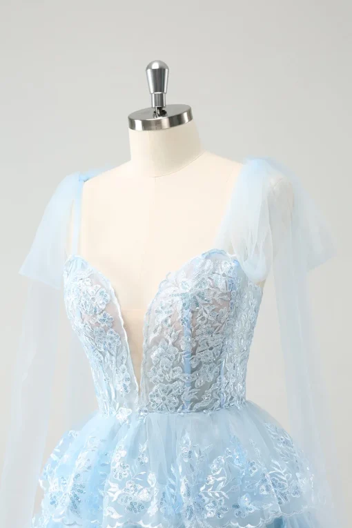Glitter Blue A Line Embroidery Tiered Homecoming Dress with Appliques