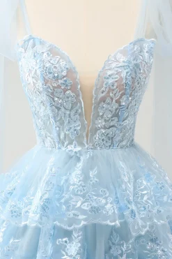 Glitter Blue A Line Embroidery Tiered Homecoming Dress with Appliques